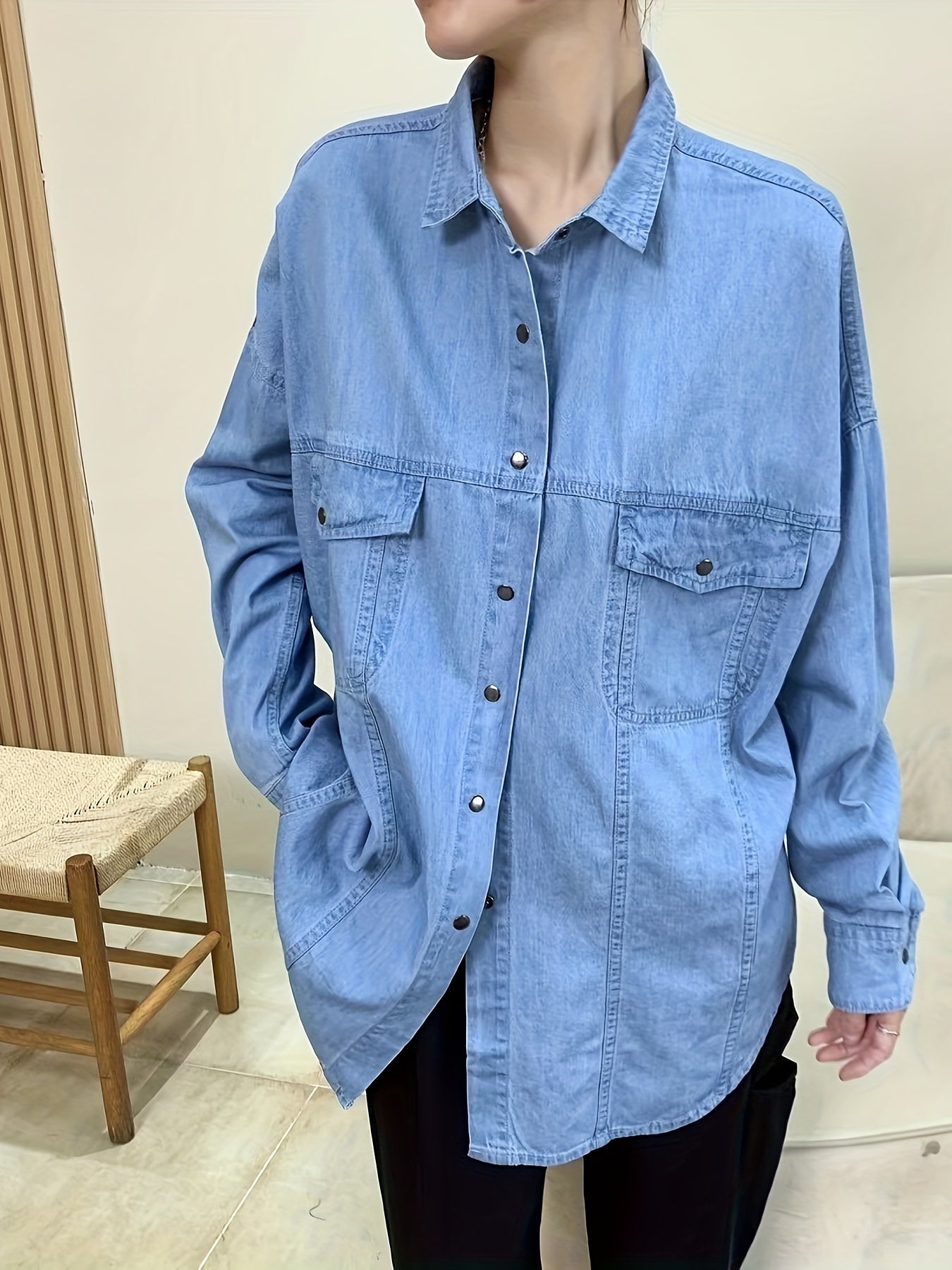  Casual Denim Top Women's Plus Solid Pipping Button Down Long Sleeve