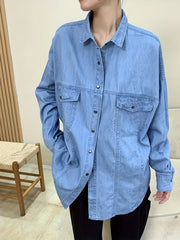  Casual Denim Top Women's Plus Solid Pipping Button Down Long Sleeve