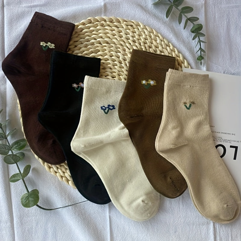 5 Pairs Floral Print Socks - Comfy & Breathable Mid Tube Socks