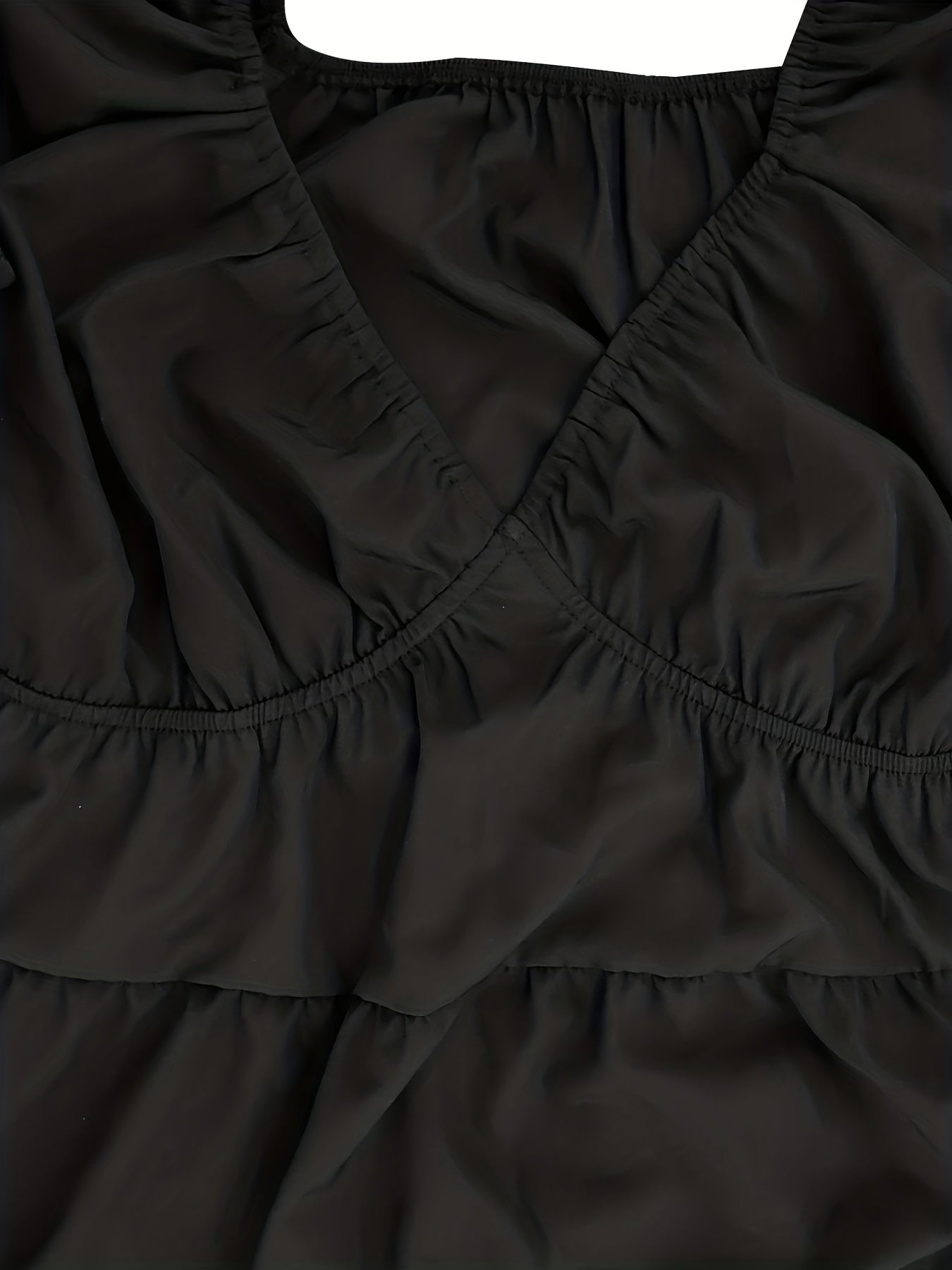  Solid Lantern Sleeve V Neck Ruched Smock Dress