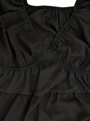  Solid Lantern Sleeve V Neck Ruched Smock Dress