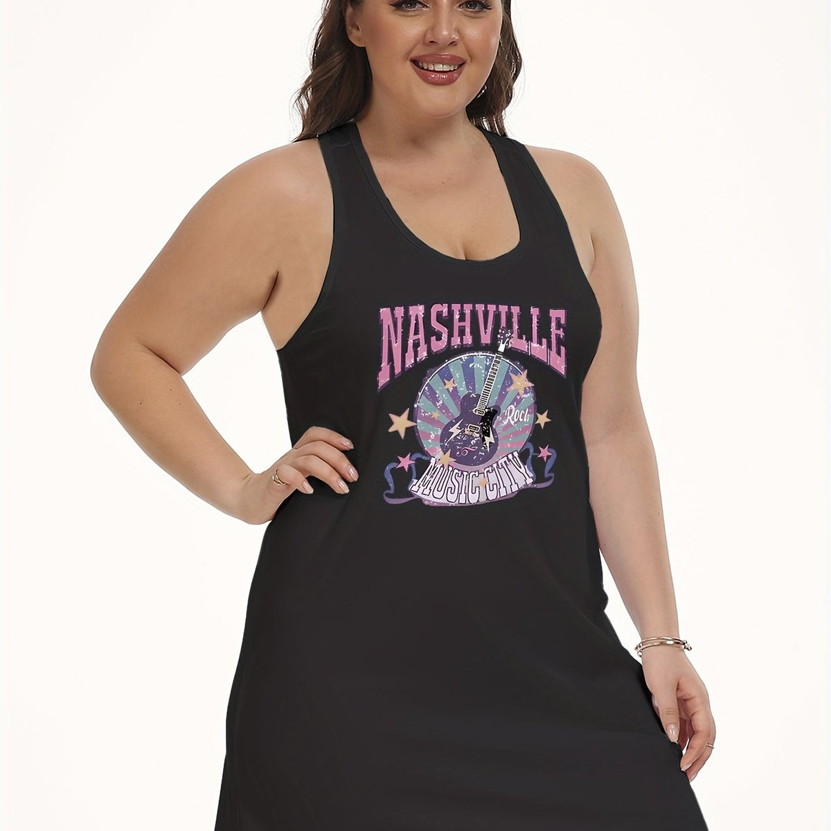 Women's Plus Guitar & Letter Print Tank Dress Music Graphic Home Wear Dress