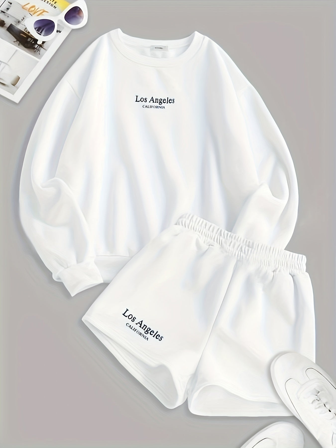  Women's Letter Print Long Sleeve Pullover Top & Shorts Outfits
