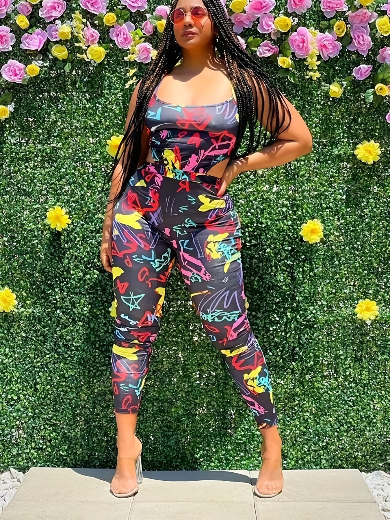 Graffiti Print Cut Out Jumpsuit Sexy Spaghetti Strap Sleeveless Jumpsuit
