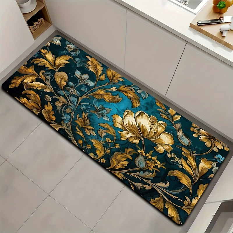 Retro Golden Leaf Print Rug Washable Floor Mat