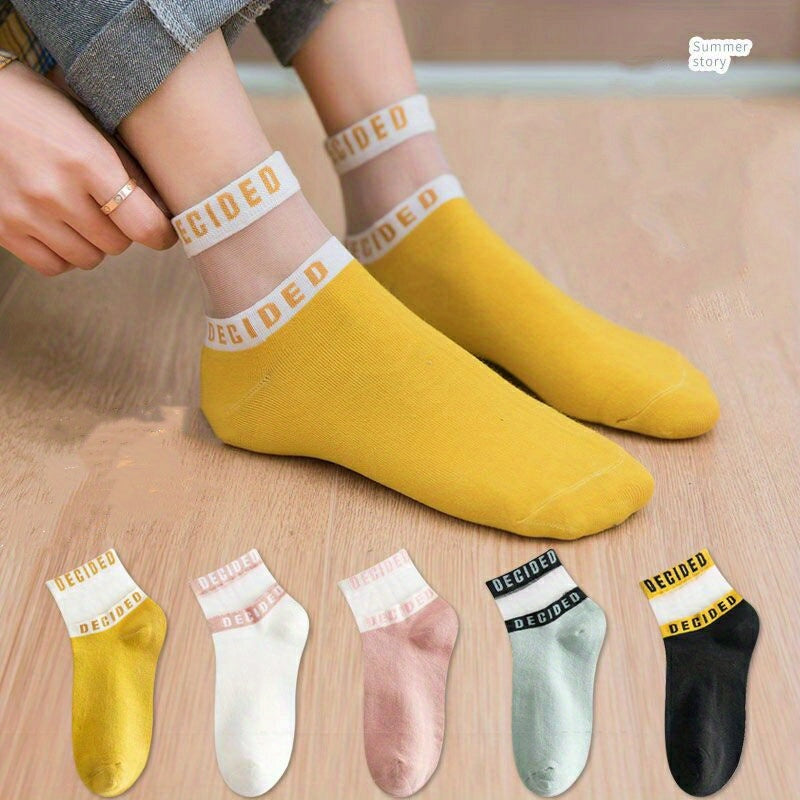 5 Pairs Letter Print Socks with Mesh Women's Stockings