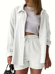 Casual Two piece Set Button Front Shirt & Drawstring Waist S