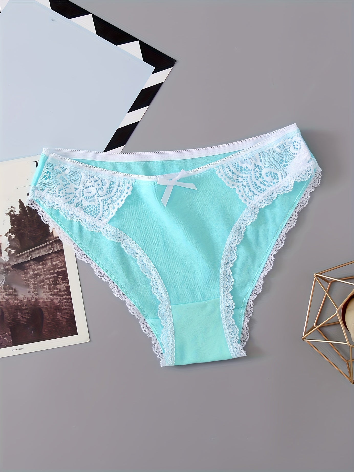 6pcs Bow Lace Bikini Panties Colorblock Intimates Lingerie Underwear