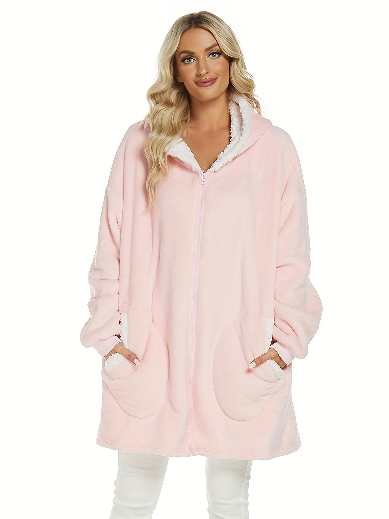 Solid Plush Hooded Lounge Top with Pockets