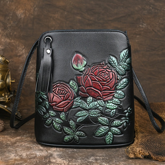 Floral Embossed Leather Crossbody Bucket Bag with Tassel