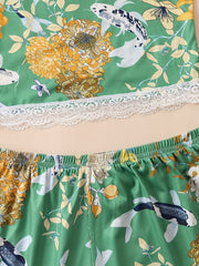Floral Print Pajama Set V Neck Cami Top & Lace Trim Shorts