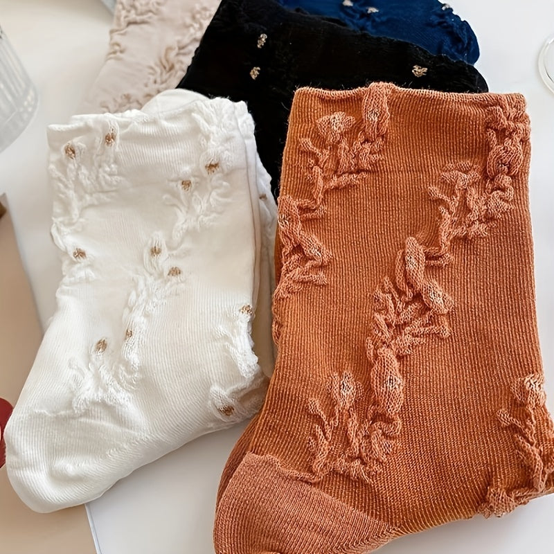 5 Pairs Floral Print Socks Comfy & Breathable Textured Women's Stockings