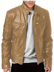 Stylish PU Biker Jacket Men's Casual Zip Up Faux Leather Jacket