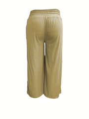  Solid Elastic Drawstring High Rise Wide Leg Trousers