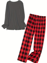 Women's Plus Christmas Cow & Letter Print Tee & Plaid Pants Pajamas Set