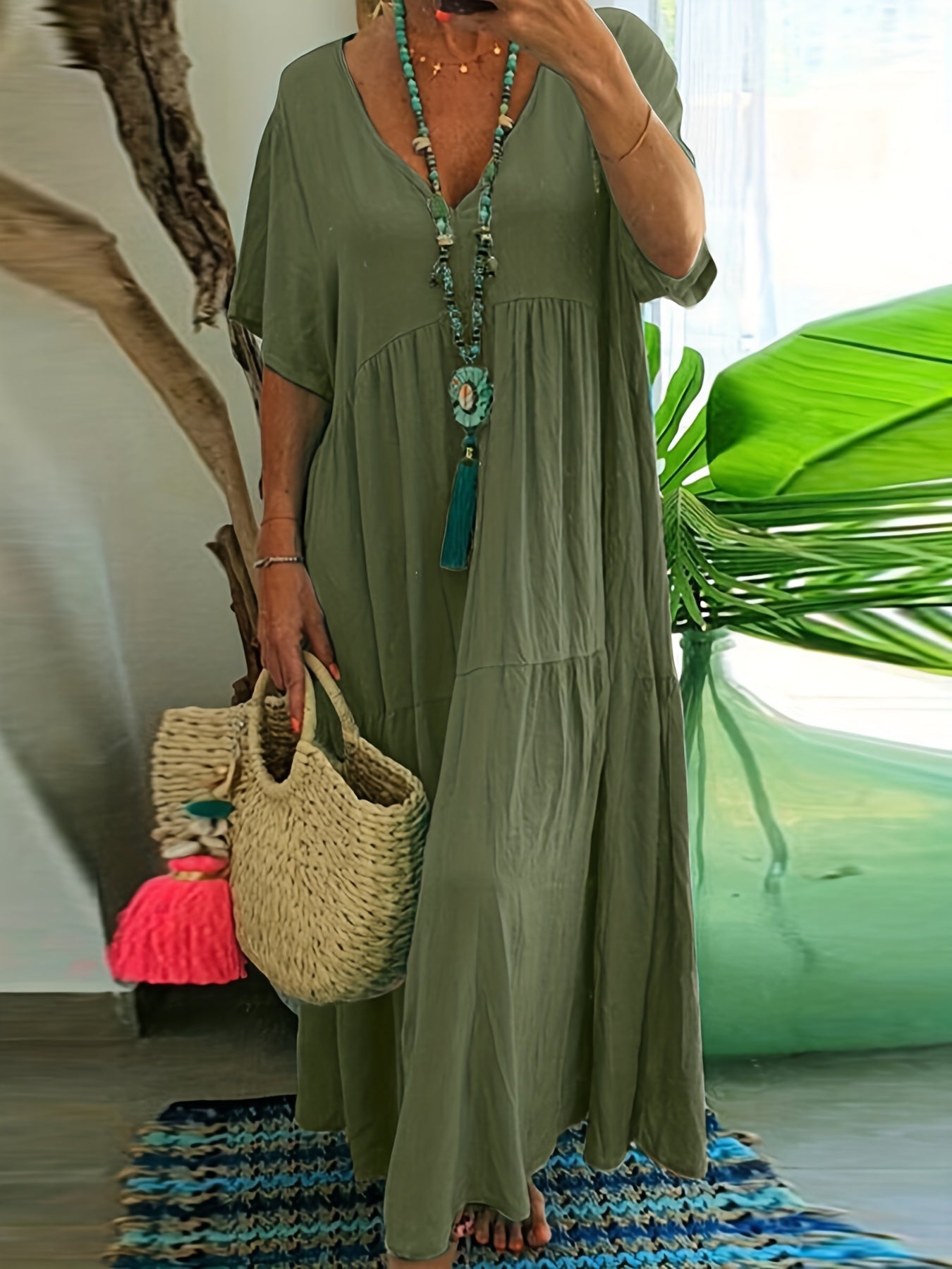  Solid V Neck Ruffle Trim Smock Dress