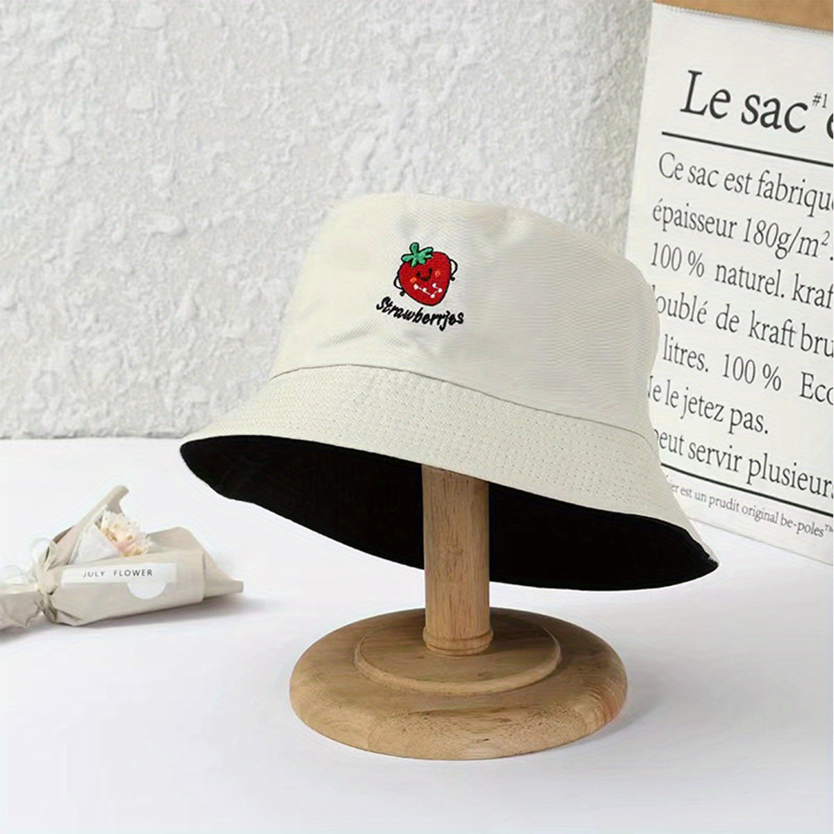 Strawberry Embroidery Bucket Hat Reversible Solid Basin Hat Sunscreen Travel