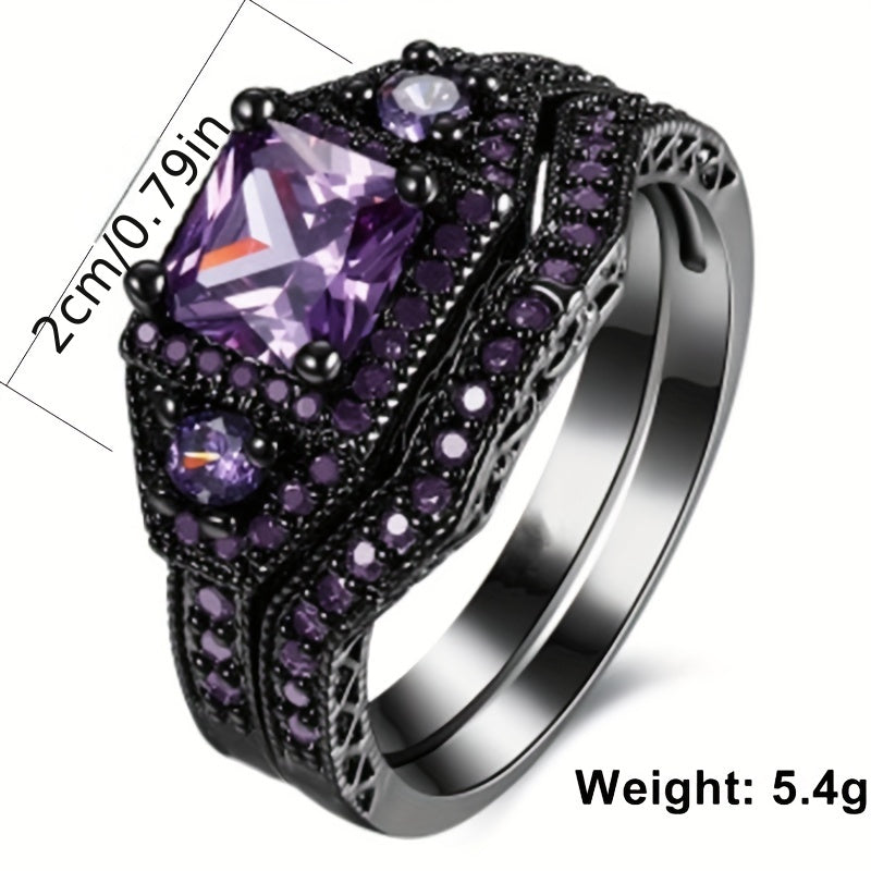 2pcs Silver Plated Purple Zircon Engagement Wedding Ring Set
