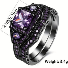 2pcs Silver Plated Purple Zircon Engagement Wedding Ring Set