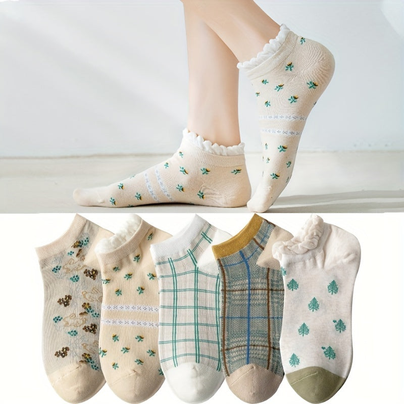 Floral Print & Ruffle Ankle Socks for Women
