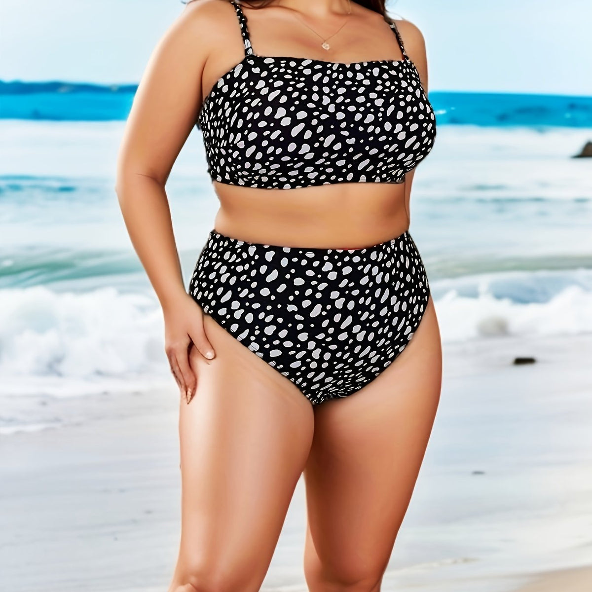 Polka Dot Plus Size Bikini Set - Square Neck Bra & Panty Swimsuit