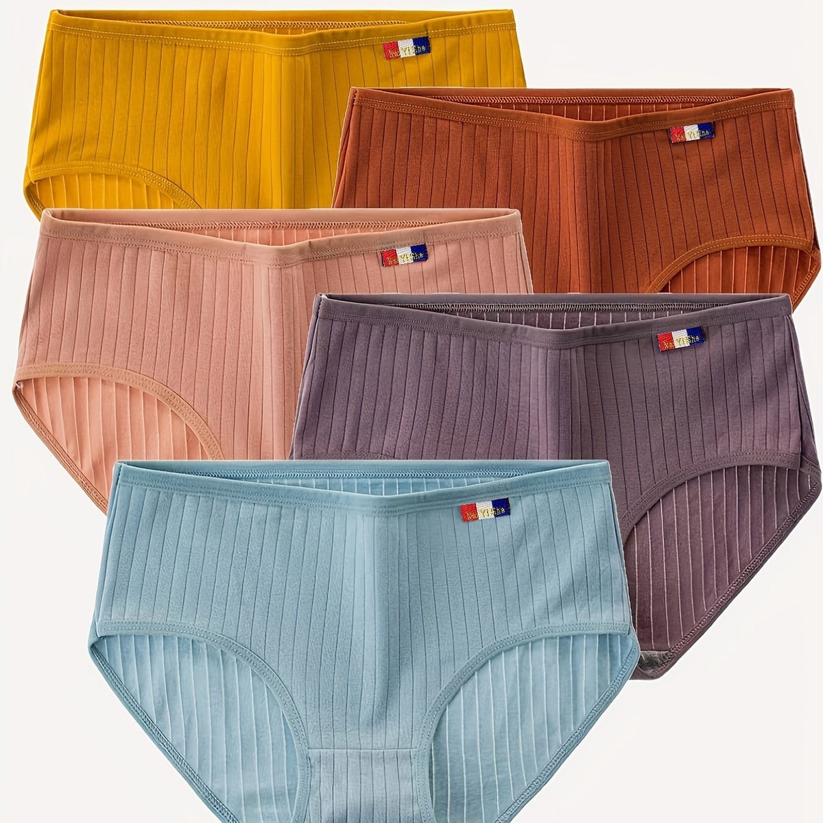 5pcs Ribbed Briefs Comfy Mid Rise Stretchy Panties Women's Lingerie