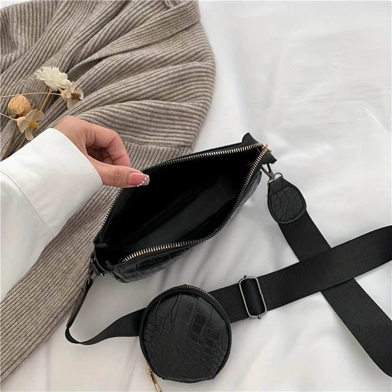 Crocodile Embossed Shoulder Bag with Coin Bag - Stylish Crossbody Bag