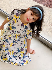 Girl's Geometry Pattern Dress Casual Loose Short Sleeve Crew Neck Summer Beach