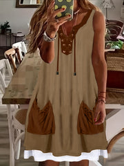  Colorblock Tank Dress with Drawstring V Neck