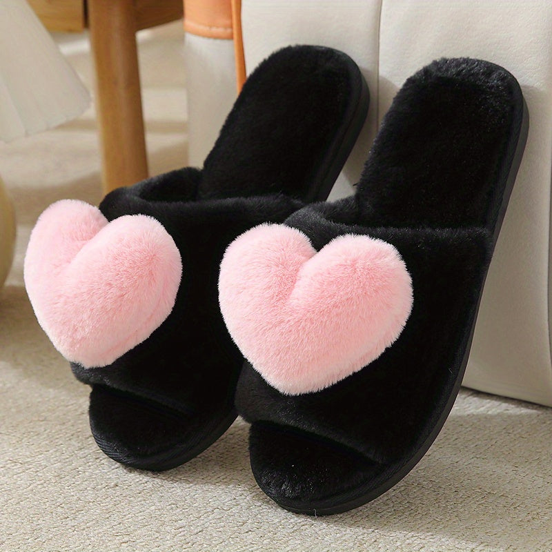 Plush Lined Heart Decor Slippers, Open Toe, Comfortable Indoor Shoes