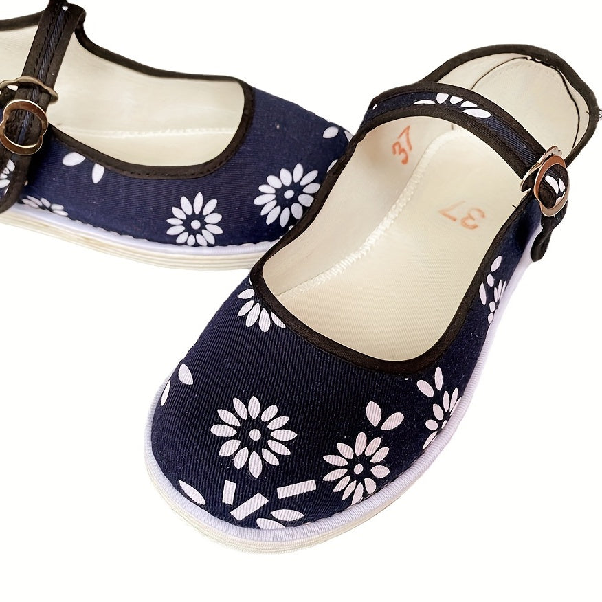 Women's Floral Print Canvas Shoes Casual Ankle Strap Outdoor Shoes
