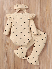 Heart Print Bodysuit Flared Pants 2pcs Casual Set