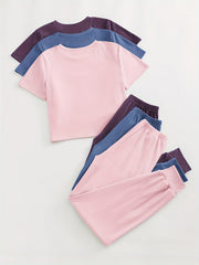 Solid Lounge Set Crew Neck Top & Lace Up Pants Women's Loungewear
