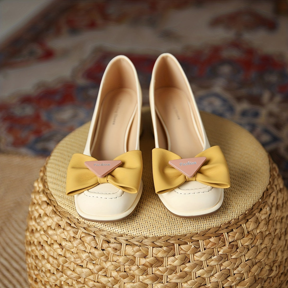 Bowknot Chunky Heels Slip On Pumps