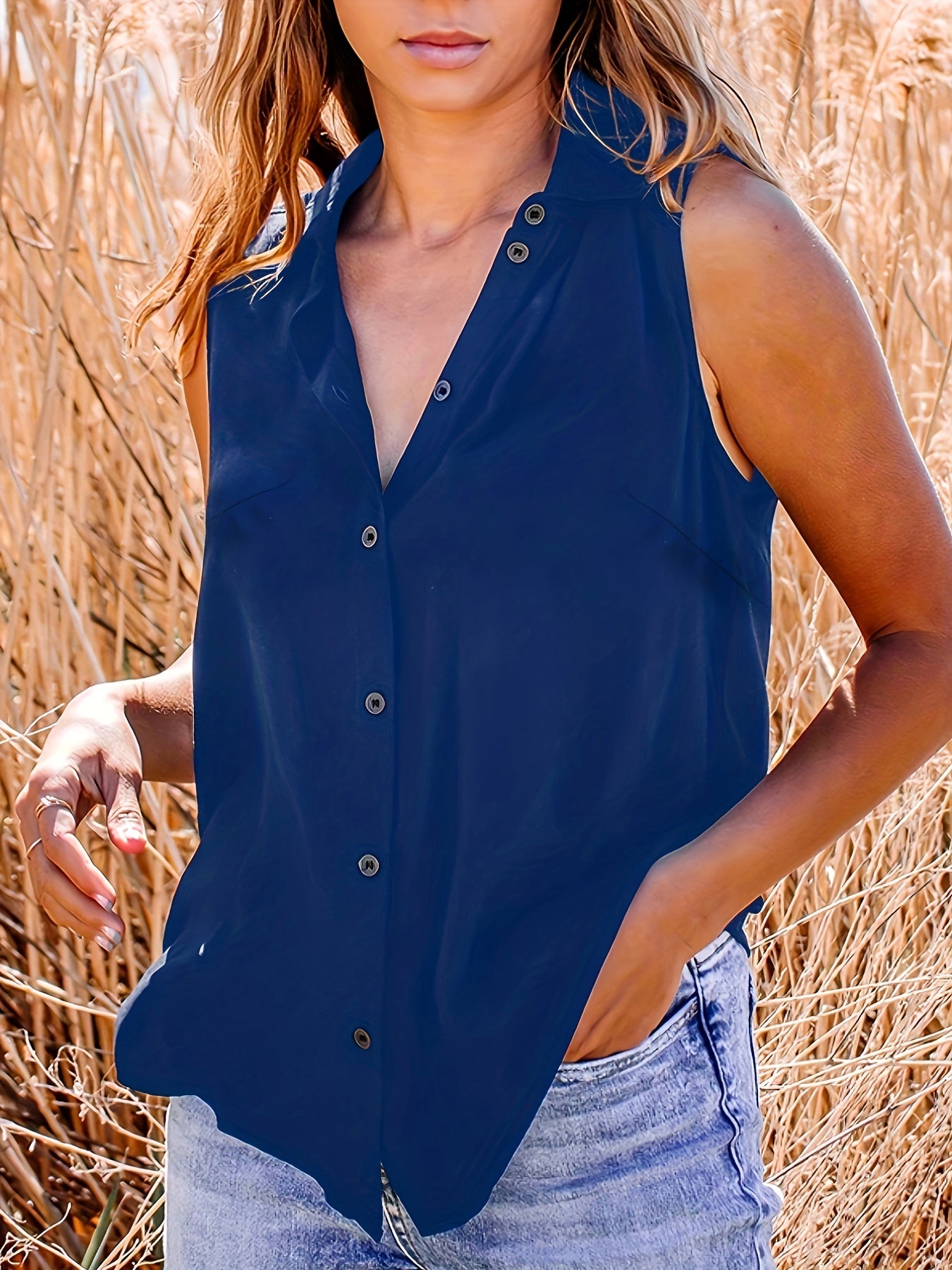  Women's Button Up Polo Neck Tank Top