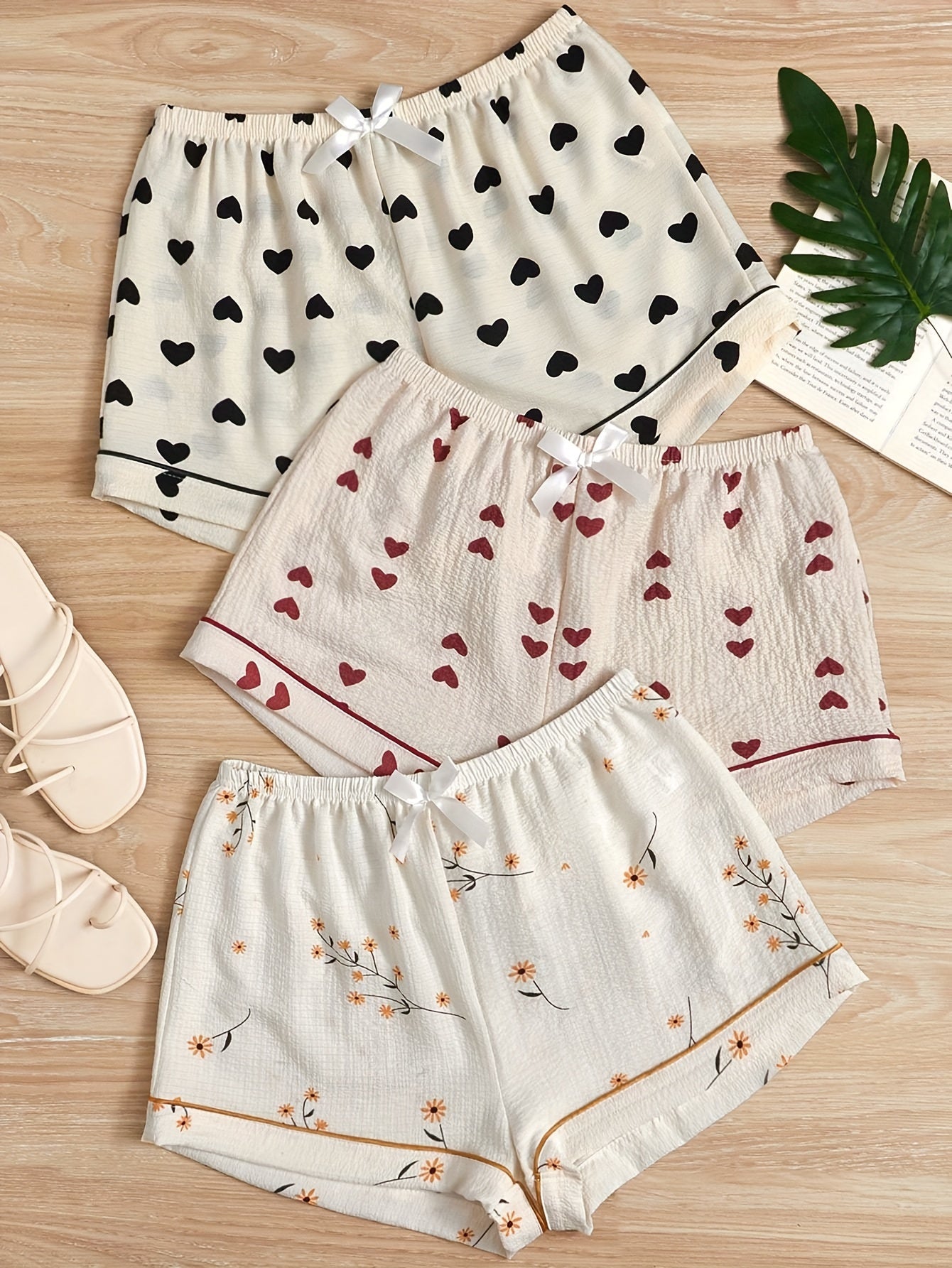 3pcs Heart & Floral Print Sleep Bottoms & Bow Elastic Waistband Shorts