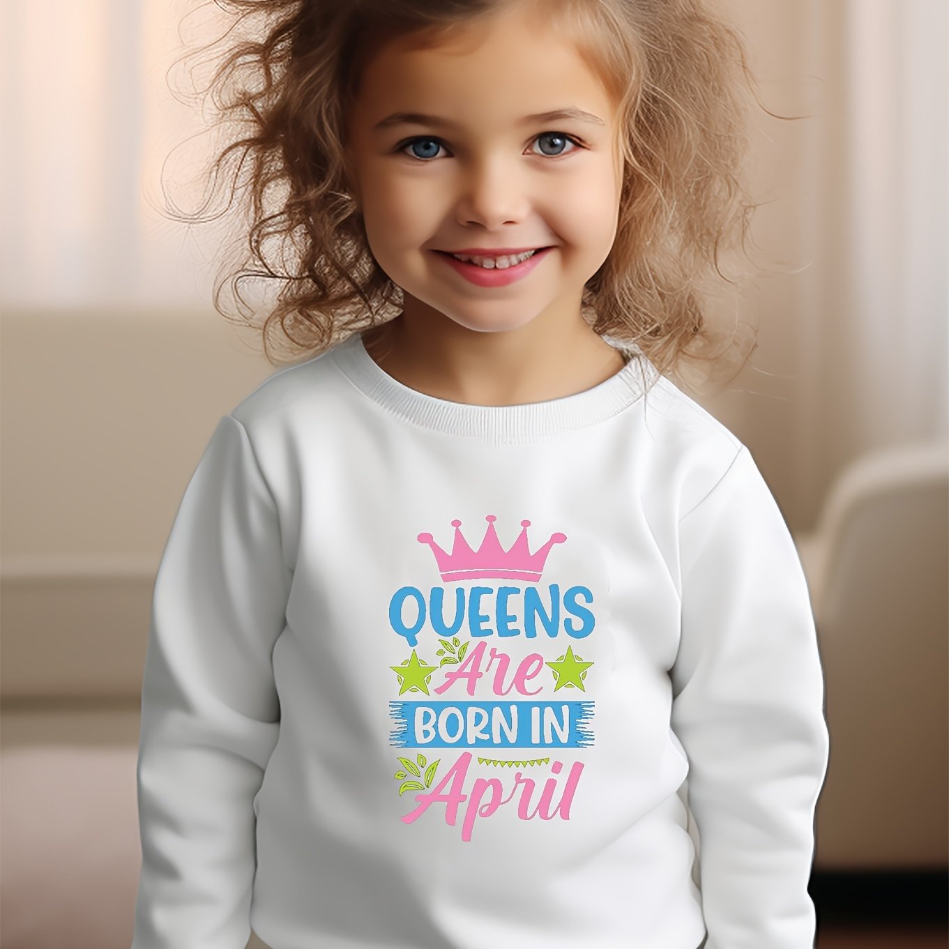 Girls Crown Pattern Crew Neck Sweatshirt for Spring Fall