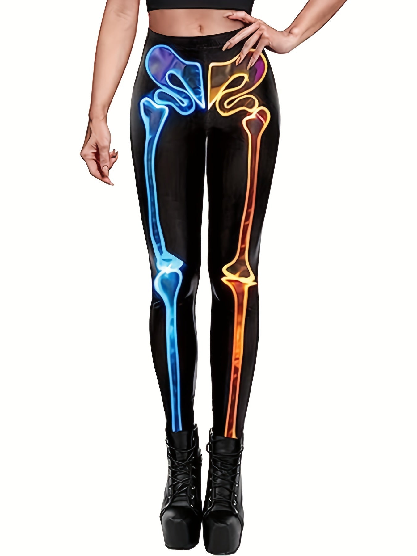  Skeleton Print High Rise Tummy Control Leggings