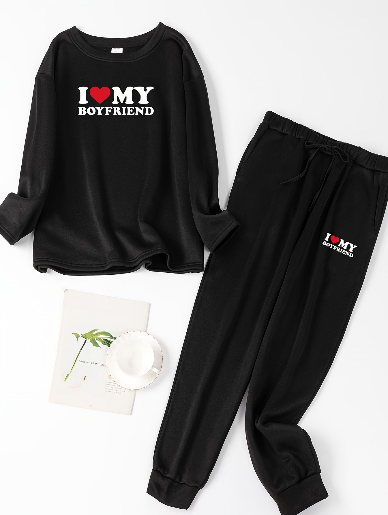  Slogan Print Long Sleeve Top & Pants Set
