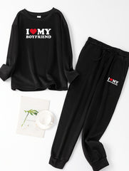  Slogan Print Long Sleeve Top & Pants Set