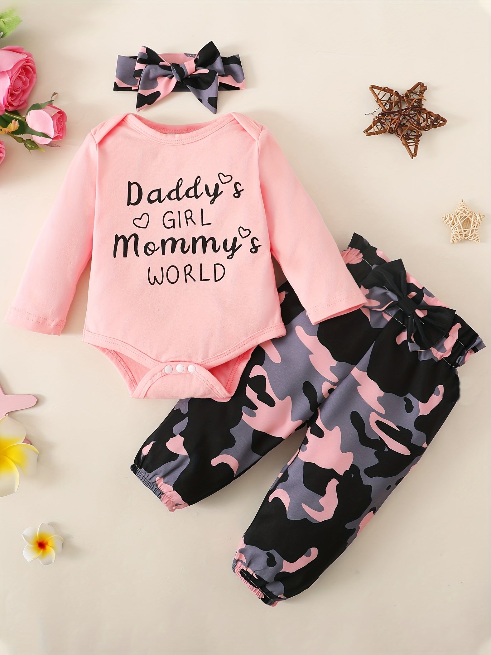 Infant Outift Long Sleeve Romper & Floral Pant & Headband 3pcs Set