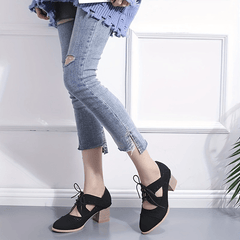 Women's Perforated Brogues Chunky Heels Cut out Lace Up Pointed Toe Short Boots