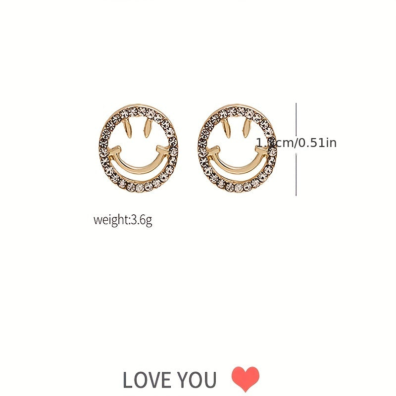 Golden Silvery Smiling Face Zircon Stud Earrings Japanese Style
