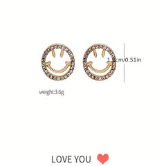 Golden Silvery Smiling Face Zircon Stud Earrings Japanese Style