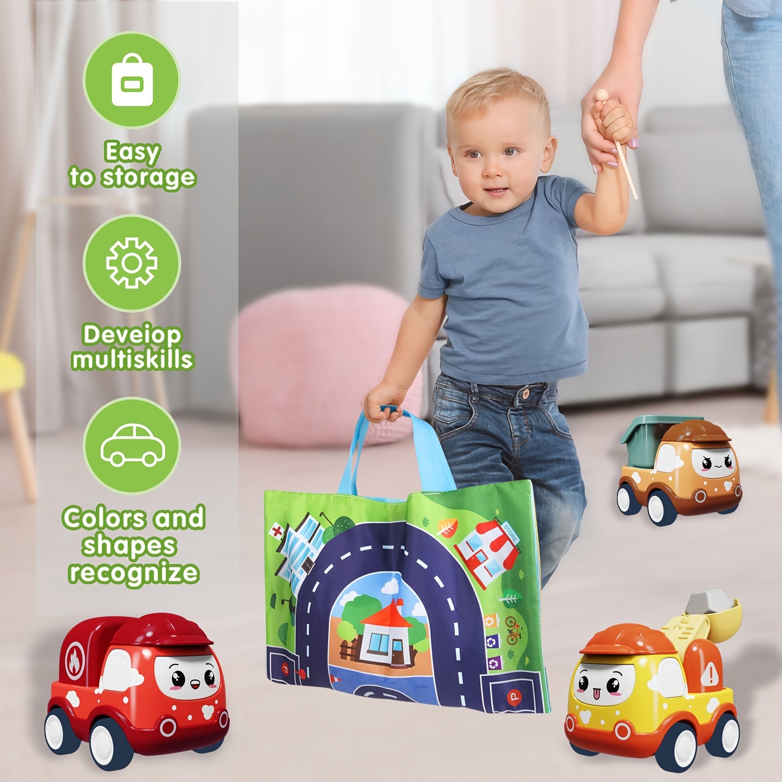 Toddler Mini Car Toy For Boys Girls - 6 Pcs Construction Vehicles with Play Mat