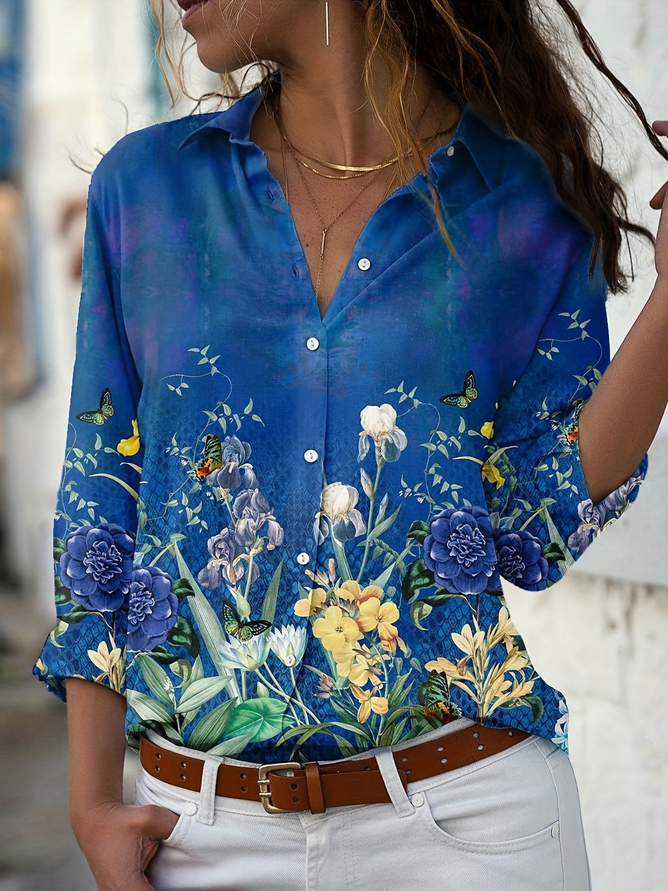  Floral Print Sleeve Shirt