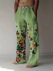Men's Butterfly Pattern Straight Leg Pants Elastic Waist Beach Trousers