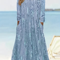  Floral Print Long Sleeve Round Neck Dress with Pockets