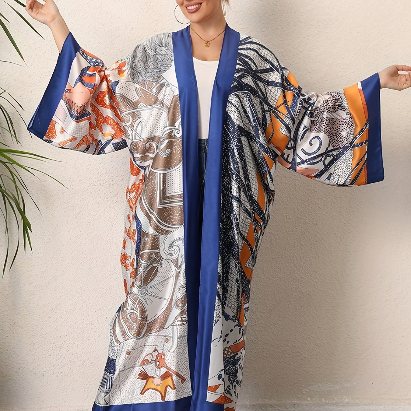  Boho Kimono Women's Plus Graphic Print Long Sleeve