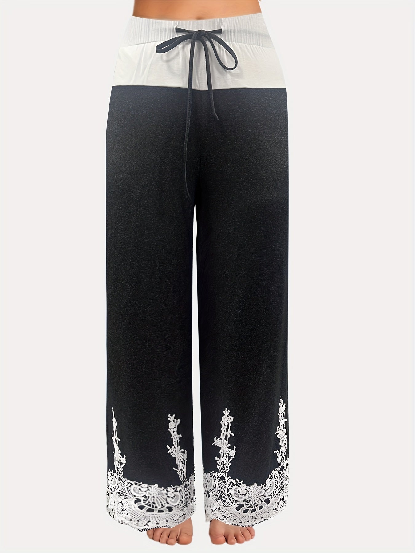  Colorblock Lace Print Wide Leg Pants
